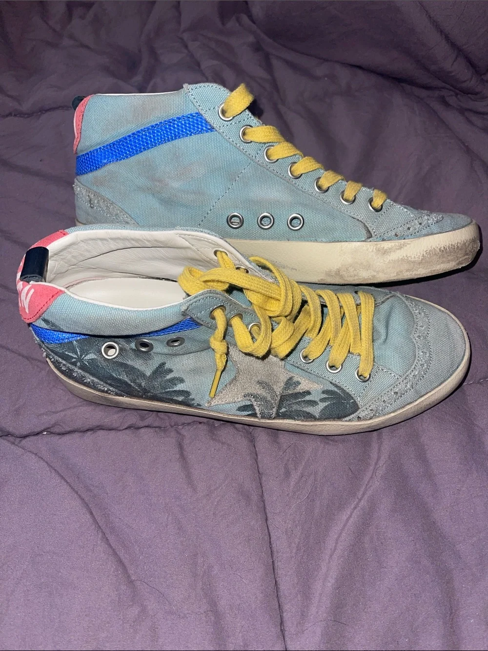 Golden Goose Light Blue Sneakers with Yellow Laces and Pink Heel Accents - Picture 2 of 6